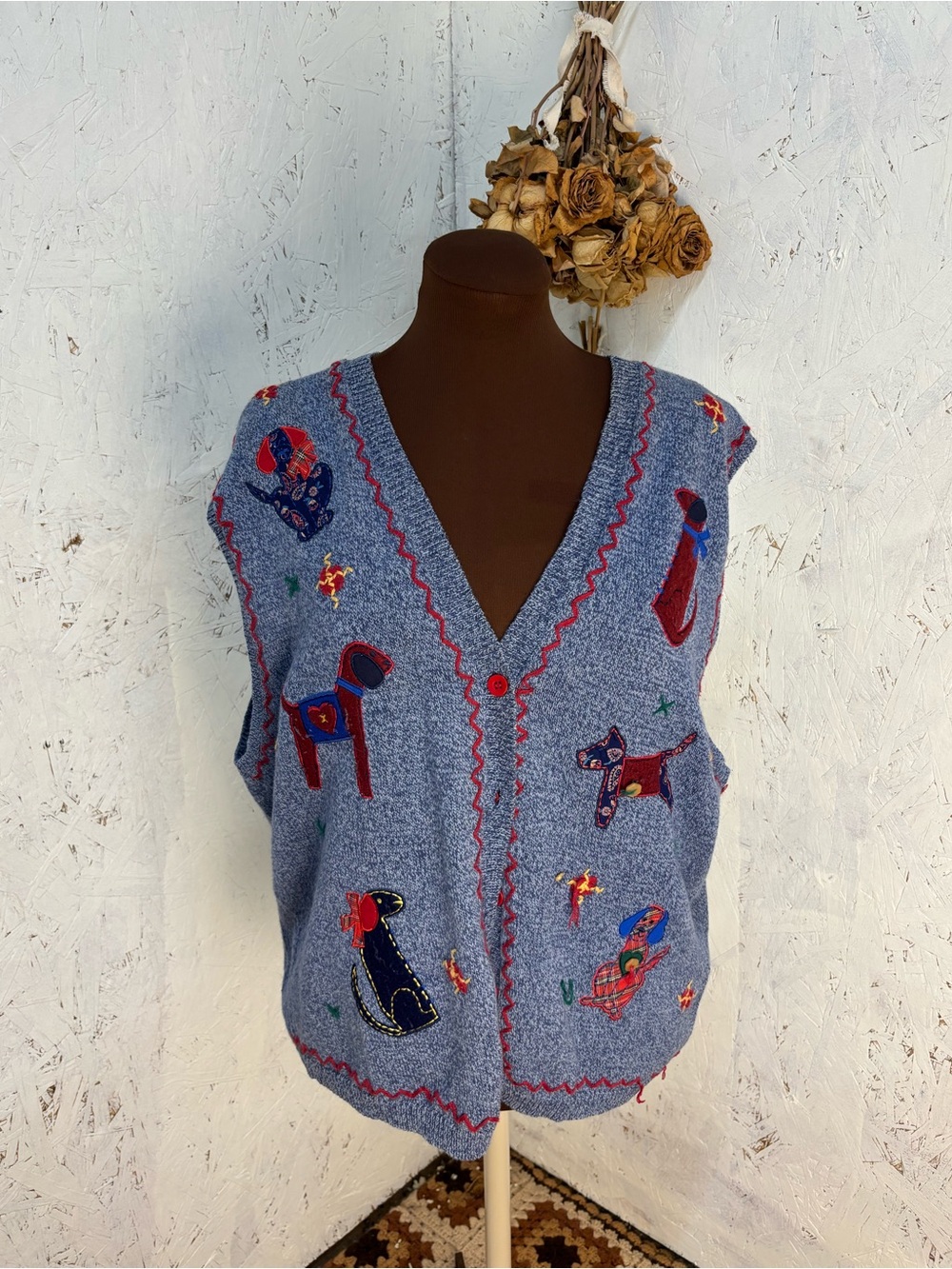 Vintage Napa Valley Embroidered Dog Mom Lover Patchwork Cardigan Blue Size Large